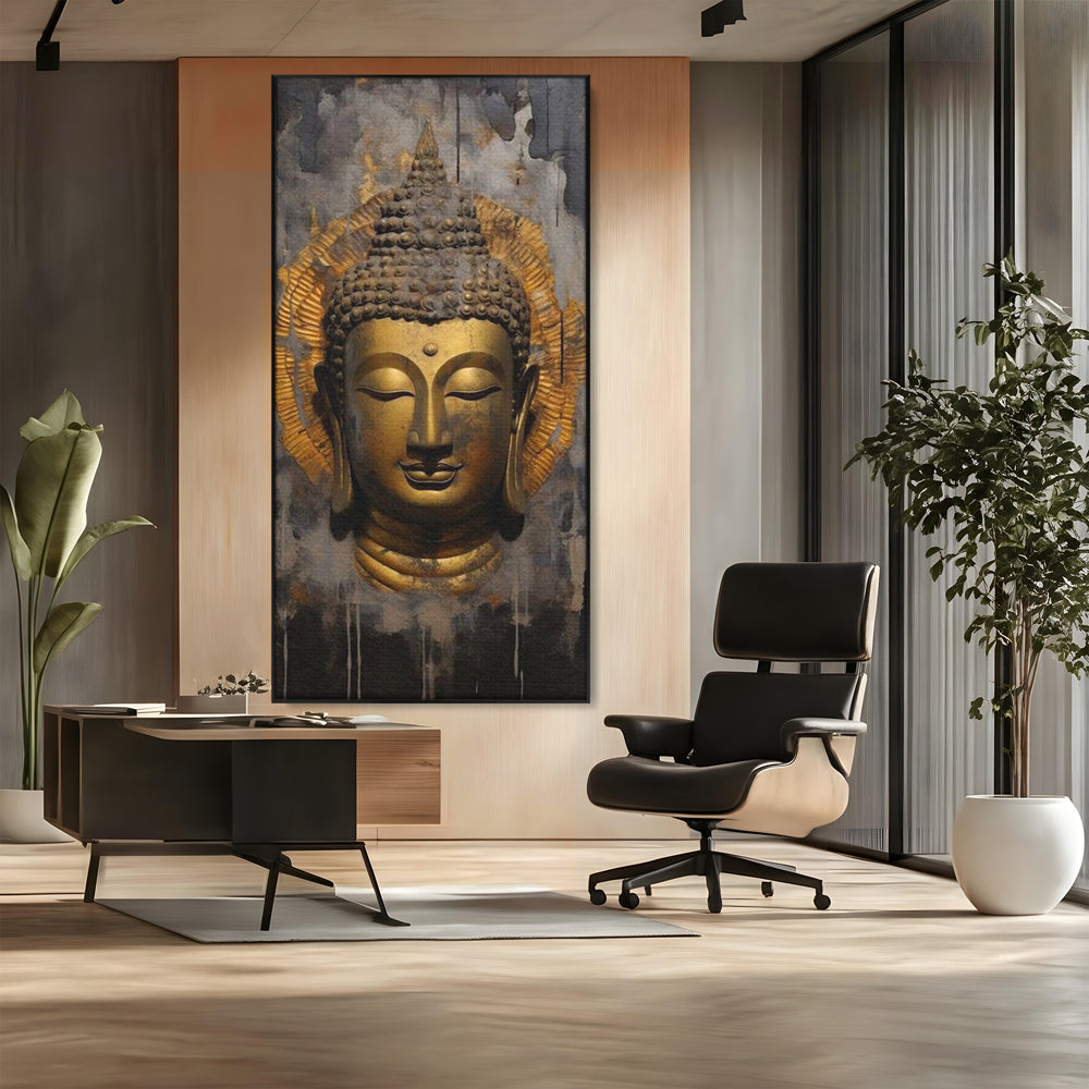 Tablou canvas cu tablou canvas cu capul lui buddha, in rama de aluminiu negru, pe perete intr-un birou